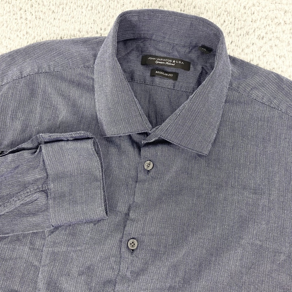 John Varvatos Shirt Mens 17 34/35 Blue Solid Dress Regular Fit Stretch Shirt